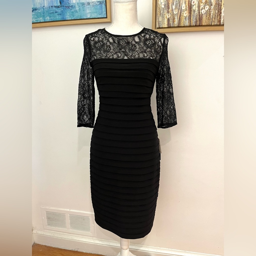 NWT ADRIANNA PAPELL Black Lace Banded Dress (Small)